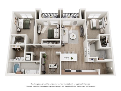 A 3D floor plan of a house with a kitchen, living room, and two bedrooms.